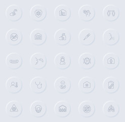 coronavirus line gray icons on round rubber buttons. coronavirus icon set for web, mobile apps, ui design and promo business polygraphy