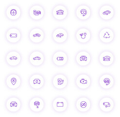electro car purple color outline icons on light round buttons with purple shadow. electro car icon set for web, mobile apps, ui design and print