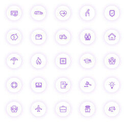 insurance purple color outline icons on light round buttons with purple shadow. insurance icon set for web, mobile apps, ui design and print