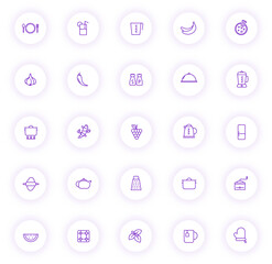 kitchen purple color outline icons on light round buttons with purple shadow. kitchen icon set for web, mobile apps, ui design and print
