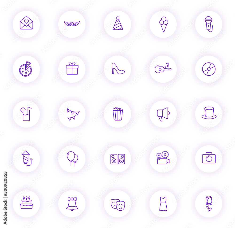 Poster party purple color outline icons on light round buttons with purple shadow. party icon set for web, 