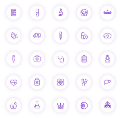 medical purple color outline icons on light round buttons with purple shadow. medical icon set for web, mobile apps, ui design and print