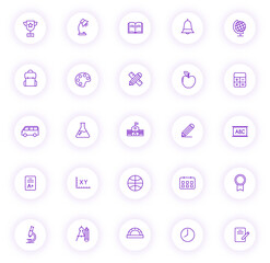 school purple color outline icons on light round buttons with purple shadow. school icon set for web, mobile apps, ui design and print