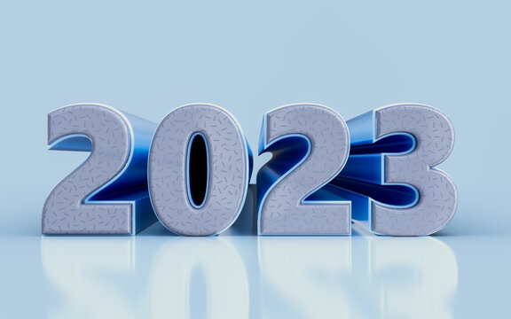 happy new year 2023 with blue and glass effect 3d render concept for festival template design 