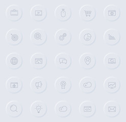 seo line gray icons on round rubber buttons. seo icon set for web, mobile apps, ui design and promo business polygraphy