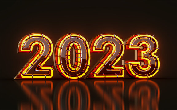 happy new year 2023 with neon light glow and glass effect on dark background 3d render concept 