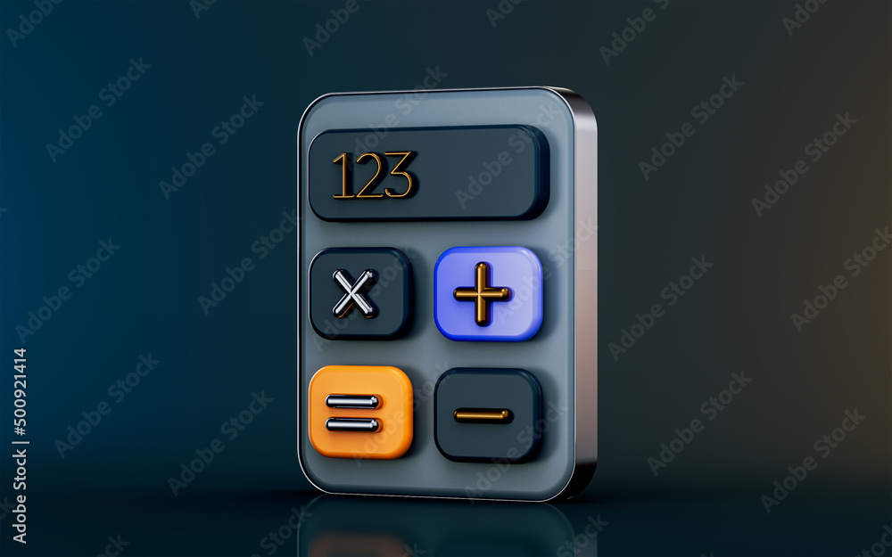 Poster calculator icon on dark background 3d render concept for digital keypad math solution device