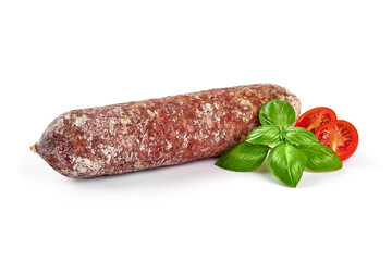 Italian salami sausage with mold, isolated on white background.