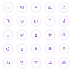 summer purple color outline icons on light round buttons with purple shadow. summer icon set for web, mobile apps, ui design and print