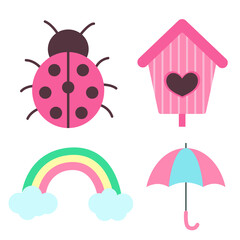 Set of spring elements. Ladybug, rainbow with clouds, umbrella and birdhouse. Print for sticker pack, clothes, textile, seasonal design and decor. Illustration in pastel colors. 