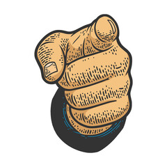 hand pointer points forward direction with index finger color sketch engraving raster illustration. T-shirt apparel print design. Scratch board imitation. Black and white hand drawn image.