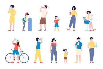 People drinking water. Adults and kids drink clean aqua from glass and bottles. Flat characters in heat or hot summer. Thirst after sport workout recent vector set