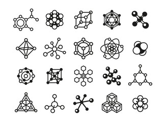 Molecular icons structure. Molecules logo, atom and molecule construction. Isolated science chemical symbols, chemistry tidy vector elements