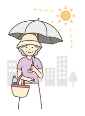 熱中症対策の恰好をしている高齢の女性