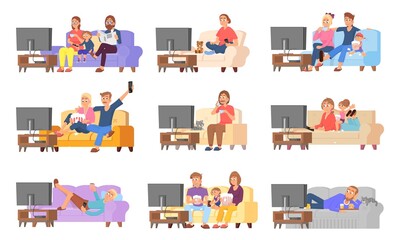 Happy family watching tv. People rest on sofa and couch, comfort relax. Home leisure, parents with kids indoor watch movie decent vector scenes