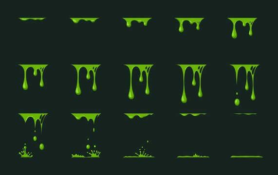 Slime dripping. Zombie green liquid drops animation. Mucus or paint flows. Toxic drop and splats, moving for cartoon, exact vector elements