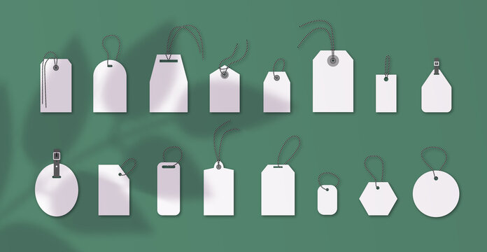 Set of luggage mockup tags isolated on emerald background with shadow plant overlay with string threads, round, square, custom, buckle.