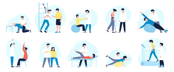 Medical rehabilitation. Rehab persons doing exercise, therapy and treatment services for elderly. Physiotherapy with nurse, recovery recent vector characters - obrazy, fototapety, plakaty