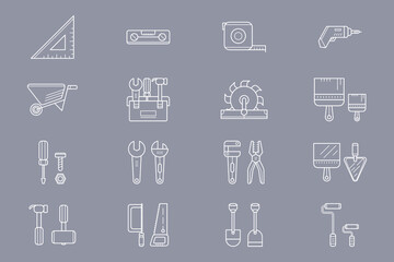 Construction and repair Icons set - Vector outline symbols of wrench, saw, drill, screwdriver, shovel and other tools for the site or interface