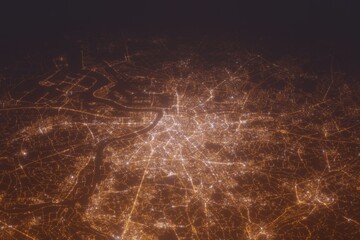 Aerial shot of Antwerp (Belgium) at night, view from south. Imitation of satellite view on modern city with street lights and glow effect. 3d render