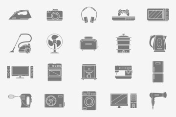 Electronics Icons set - Vector silhouettes of camera, computer, washing machine, television and other appliances for the site or interface