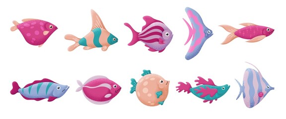 Flat ocean fish. Sea animal, underwater marine creature. Aquarium animals, isolated textured abstract nautical elements, swanky vector characters