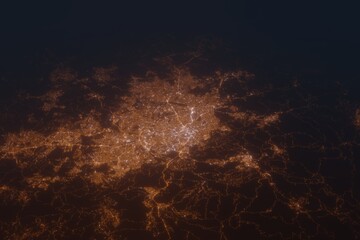 Aerial shot of Belo Horizonte (Brazil) at night, view from south. Imitation of satellite view on modern city with street lights and glow effect. 3d render