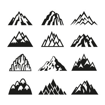 Black mountain silhouettes. Mountains range with peak stencil cut, isolated hill and rock. Landscape elements, hiking panorama tidy vector elements
