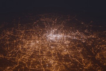 Aerial shot of Guangzhou (China) at night, view from south. Imitation of satellite view on modern city with street lights and glow effect. 3d render