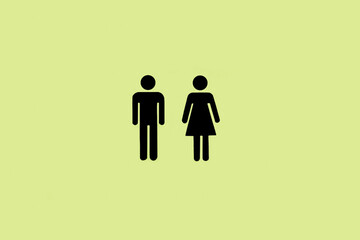 Iconos de baño masculinos y femeninos sobre un fondo verde liso y aislado. Vista de frente. Copy space - obrazy, fototapety, plakaty
