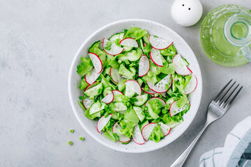 Spring vegetable salad. Fresh radish cucumber salad with green lettuce in bowl
