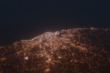 Aerial shot of Havana (Cuba) at night, view from south. Imitation of satellite view on modern city with street lights and glow effect. 3d render