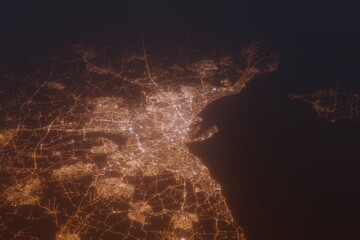 Aerial shot of Aarhus (Denmark) at night, view from south. Imitation of satellite view on modern city with street lights and glow effect. 3d render