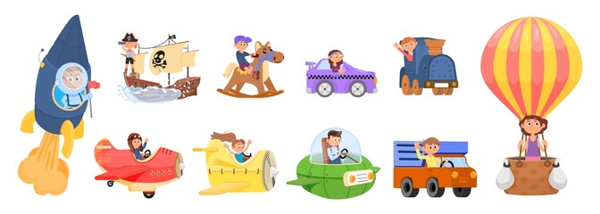 Cartoon kids in transport. Child airplane, children and vehicles and boat. Funny kid in truck and hot air balloon. Boy in rocket decent vector set