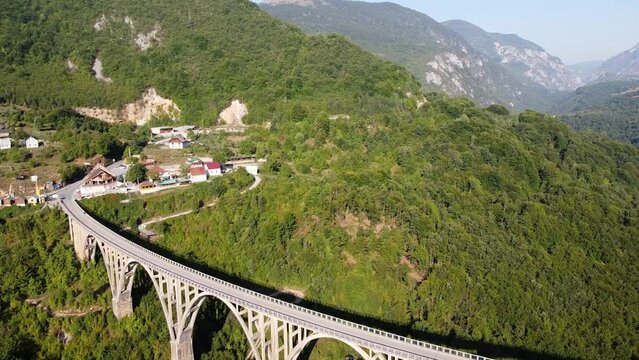 Durdevica Tara Bridge and Canyon at Zabljak, Durmitor National Park, Montenegro - Reversing Aerial