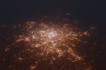 Aerial shot of Paris (France) at night, view from south. Imitation of satellite view on modern city with street lights and glow effect. 3d render