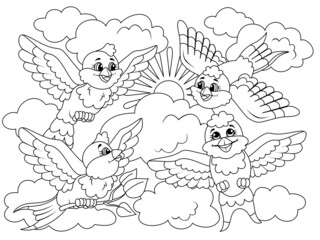 Four sparrows in the sky. Children coloring book.