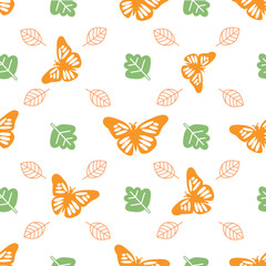 Seamless pattern with butterfly and leaves on white background. Design for wallpaper, fabrics, posters, packaging, cards. Ecological concept.