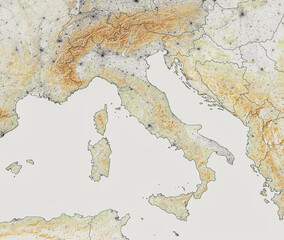 Map of Italy, satellite view and reliefs. Neighboring countries. Map. Cities and streets. South Europe. 3d rendering. Element of this image are furnished by Nasa