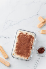 Homemade Tiramisu cake dessert on a white marble background