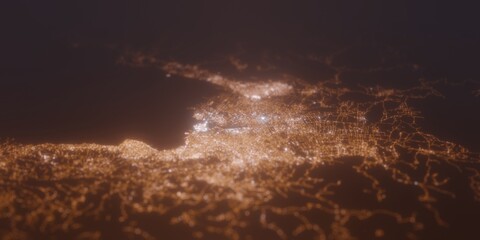 Street lights map of Port Au Prince (Haiti) with tilt-shift effect, view from south. Imitation of macro shot with blurred background. 3d render, selective focus