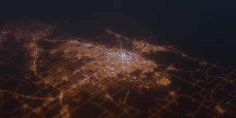 Street lights map of La Plata (Argentina) with tilt-shift effect, view from south. Imitation of macro shot with blurred background. 3d render, selective focus