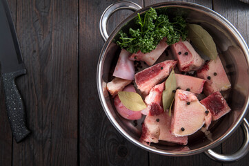 Raw bones for cooking a bone broth  in a pot