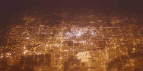 Street lights map of Naperville (Illinois, USA) with tilt-shift effect, view from south. Imitation of macro shot with blurred background. 3d render, selective focus