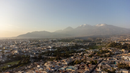 Aerial view of the city of Arequipa and its volcanoes.