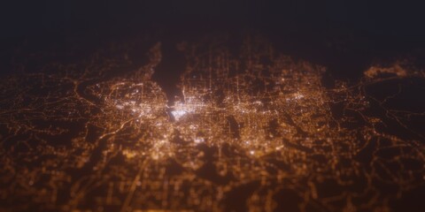 Street lights map of Olympia (Washington, USA) with tilt-shift effect, view from south. Imitation of macro shot with blurred background. 3d render, selective focus