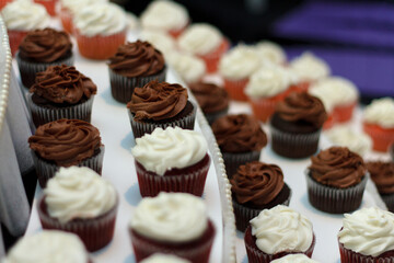 Wedding Cupcakes with White and Chocolate Frosting on Tiered Display