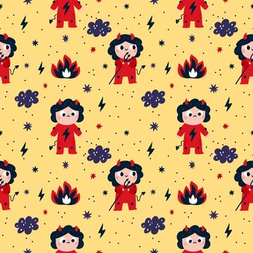 Cute devils seamless pattern. Little funny kids in red costumes with horns and demon tails. Naughty children hold tridents. Lightning and fires. Happy or angry Satan. Vector background