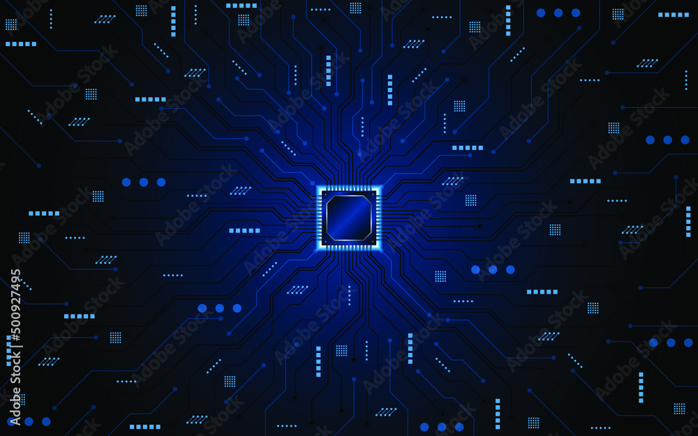 Aufkleber Microchip processor circuit board technology on dark blue background. Information Processing Concept. Circuit board hi-tech technology background. vector illustration
