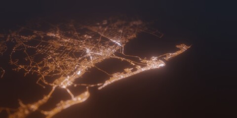 Street lights map of Atlantic City (New Jersey, USA) with tilt-shift effect, view from south. Imitation of macro shot with blurred background. 3d render, selective focus